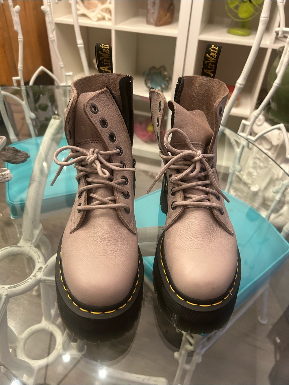 Dr. Martens Mauve Lace-Up Combat Boots with Yellow Welt Stitching